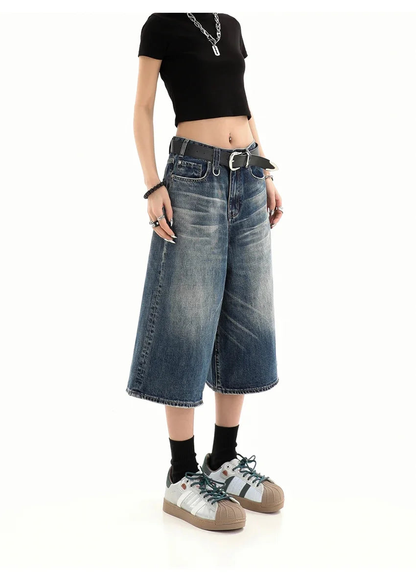 Retro Blue Knee Length Denim Shorts for Women Casual Bermuda Jeans Loose Wide Leg Pants Trendy Streetwear Summer Y2k 2025