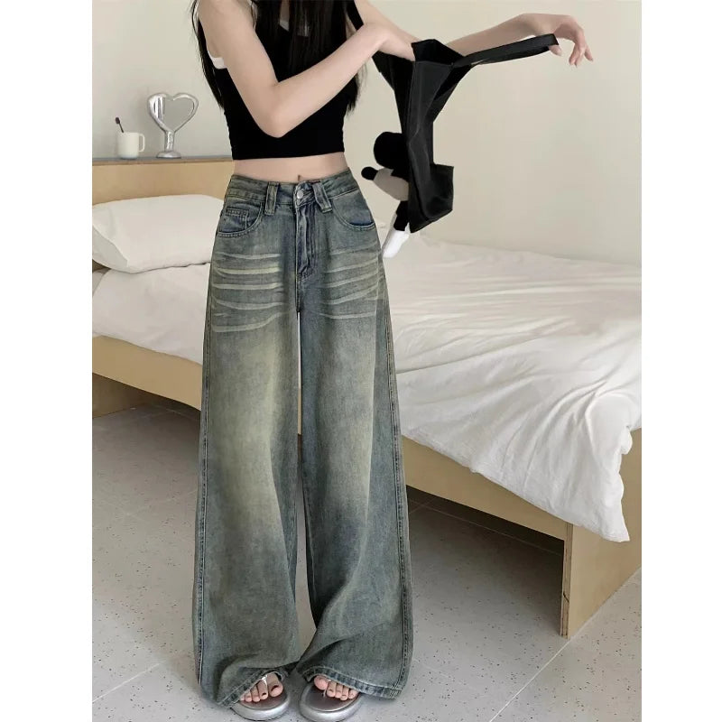 American Style Vintage Blue Wide Leg Jeans Women Y2K Fashion High Waist Baggy Washed Straight Pants 2025 New Casual Loose Jeans
