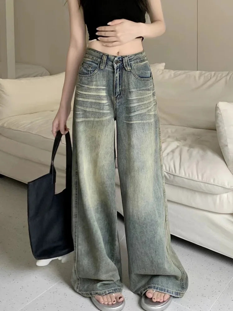 American Style Vintage Blue Wide Leg Jeans Women Y2K Fashion High Waist Baggy Washed Straight Pants 2025 New Casual Loose Jeans
