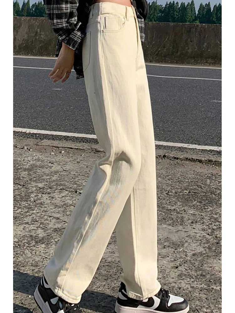 Woman High Waist Wide Leg Jeans Girls Casual Denim Straight Leg Pants Female White Black Blue Light Blue Beige Loose Trousers