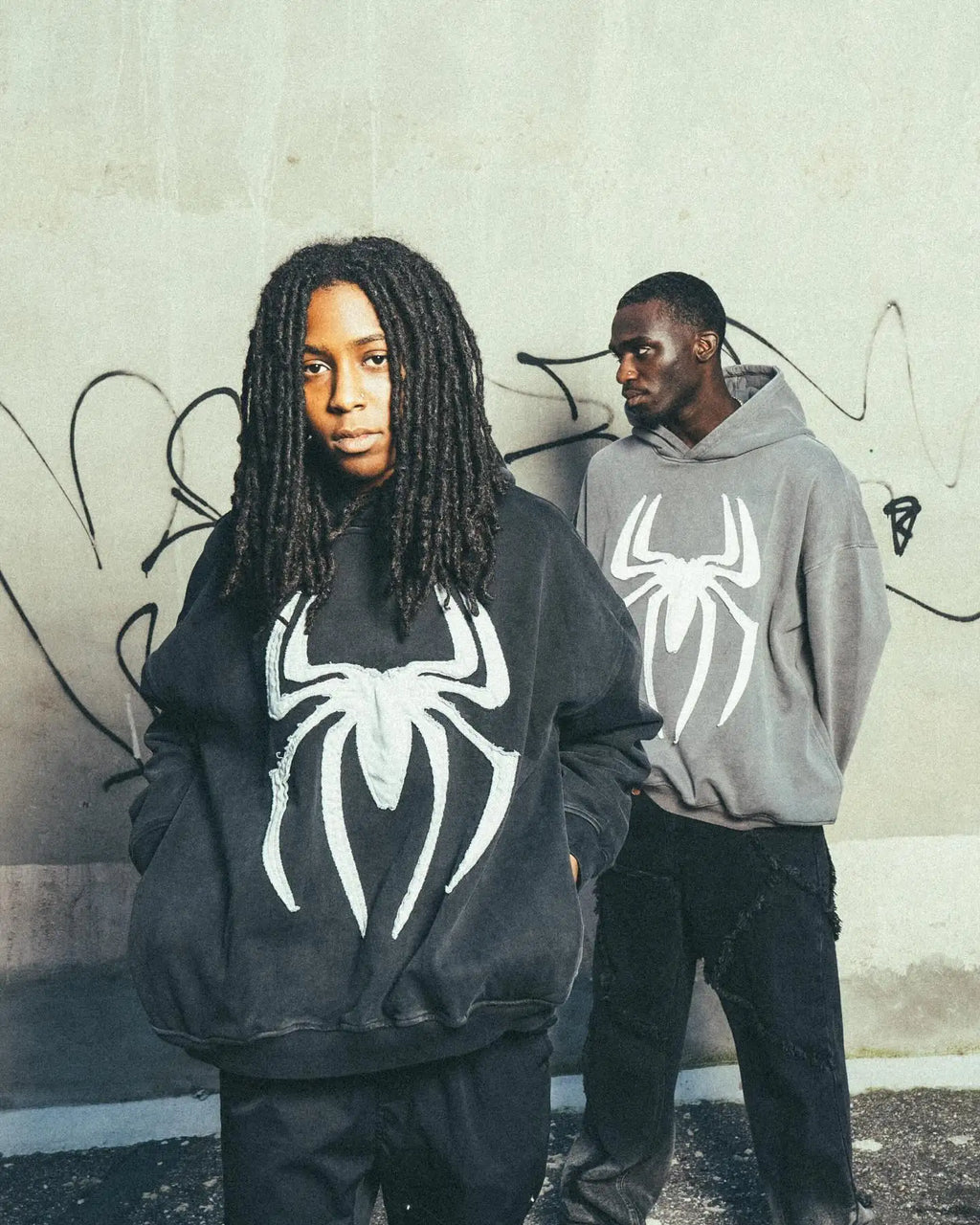 Grey Black Gothic Big Spider Pattern Patchwork Hooded Pullover Y2k Retro Loose Men Women Hip Hop Hoodie Jacket Street Sweatshirt