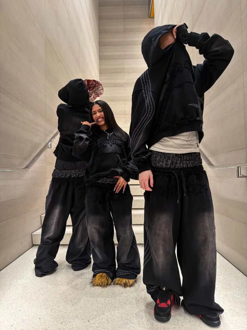 Washed Embroidered Striped Splicing Men Suit American Retro Double Waist Couple Wide Leg Pants Casual High Street Fashion Hoodie