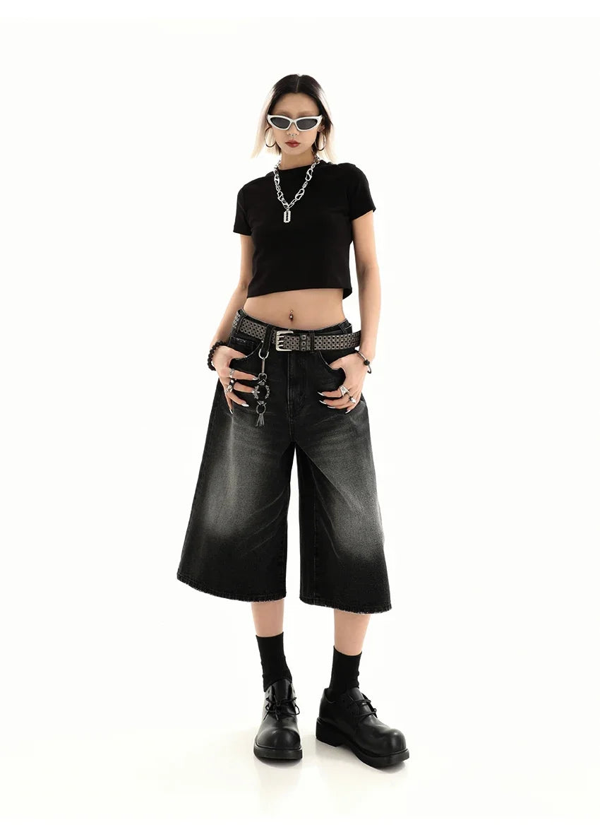 Retro Blue Knee Length Denim Shorts for Women Casual Bermuda Jeans Loose Wide Leg Pants Trendy Streetwear Summer Y2k 2025