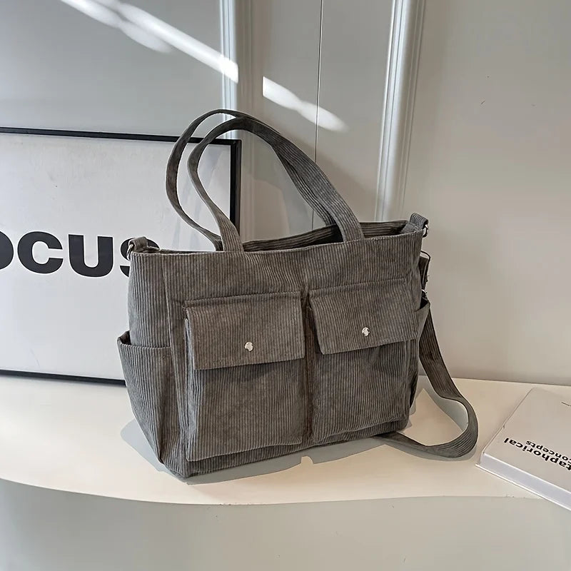 Large Capacity Corduroy Tote Bag for Women Versatile Shoulder Bag with Multiple Pockets Commuter Bag