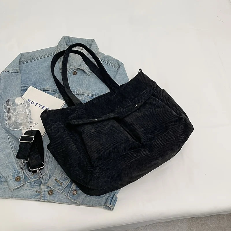 Large Capacity Corduroy Tote Bag for Women Versatile Shoulder Bag with Multiple Pockets Commuter Bag
