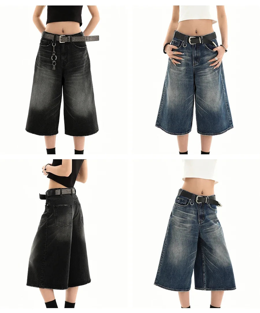 Retro Blue Knee Length Denim Shorts for Women Casual Bermuda Jeans Loose Wide Leg Pants Trendy Streetwear Summer Y2k 2025