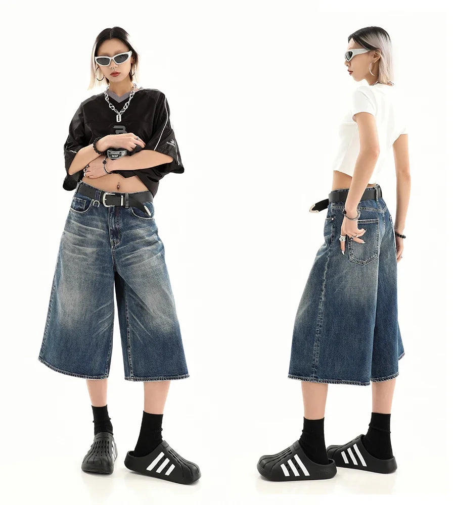 Retro Blue Knee Length Denim Shorts for Women Casual Bermuda Jeans Loose Wide Leg Pants Trendy Streetwear Summer Y2k 2025
