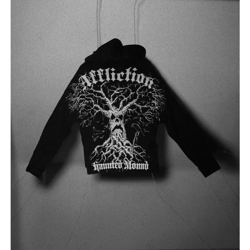 Affliction Black Hoodie Retro Graphic Print Men Women Sweatshirt Gothic High Street Hip Hop Rock Streetwear Washed Cotton Hoodie