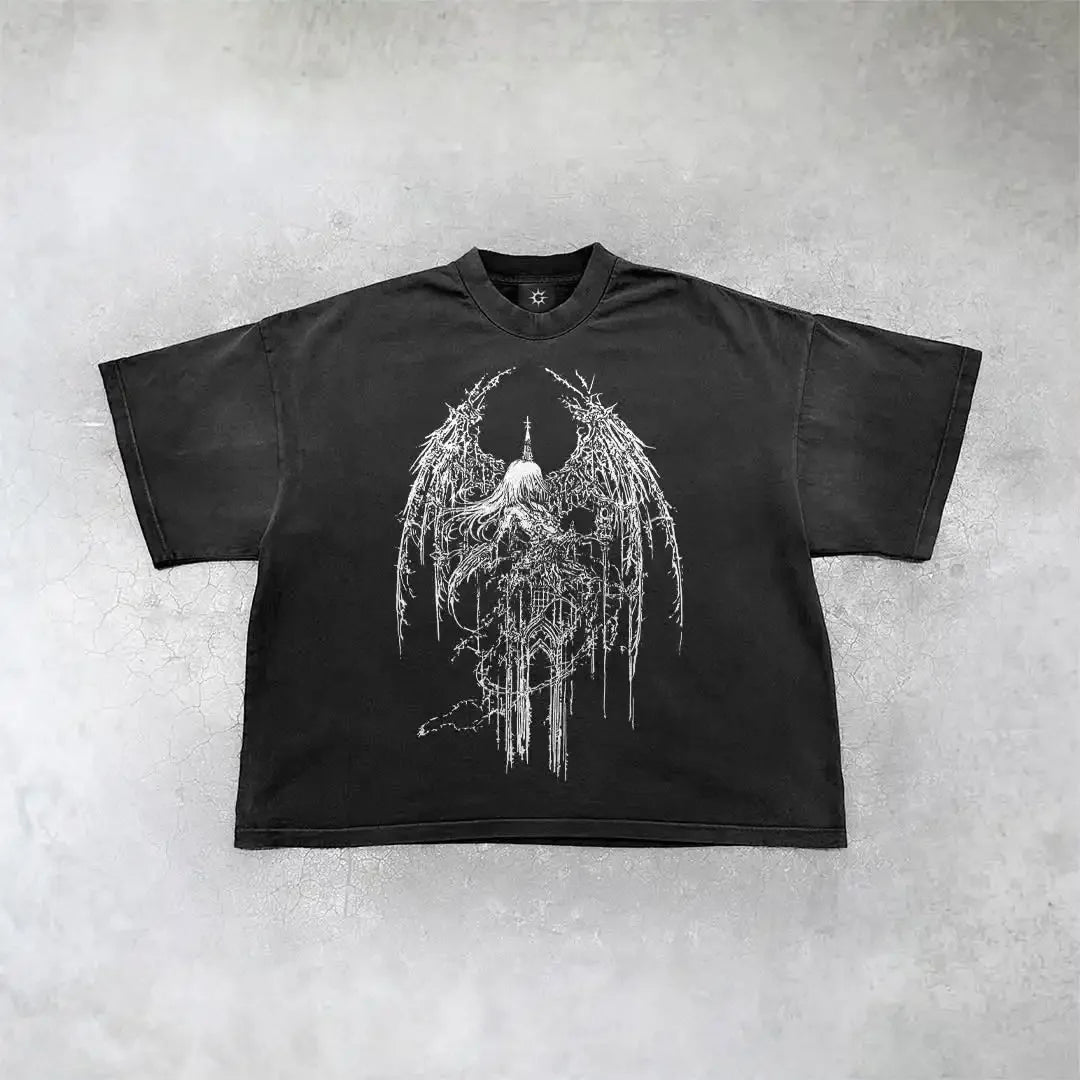 New Gothic  Streetwear Harajuku Retro Graphic Top Y2K Punk Anime Print Oversized T-Shirt Men Fashion Cotton Casual Short Sleeve