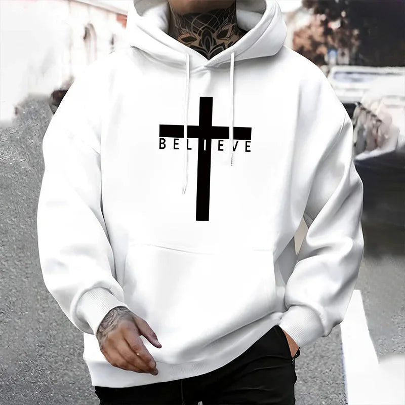 Jesus Cross Printed Men Hoodies Urban Casual Streetwear Fashion Hooded Sweatshirt Male Trendy 2025 Autumn Winter Hoody Outerwear