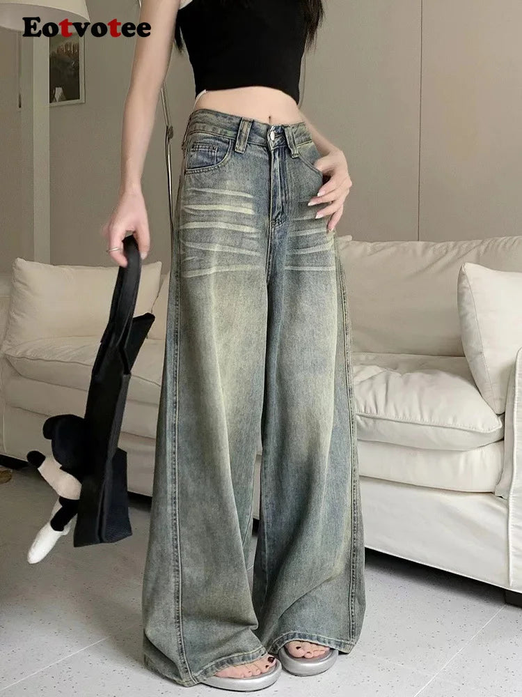 American Style Vintage Blue Wide Leg Jeans Women Y2K Fashion High Waist Baggy Washed Straight Pants 2025 New Casual Loose Jeans