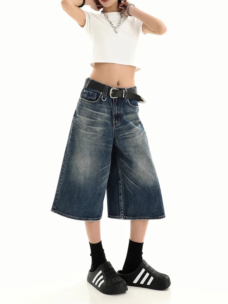Retro Blue Knee Length Denim Shorts for Women Casual Bermuda Jeans Loose Wide Leg Pants Trendy Streetwear Summer Y2k 2025