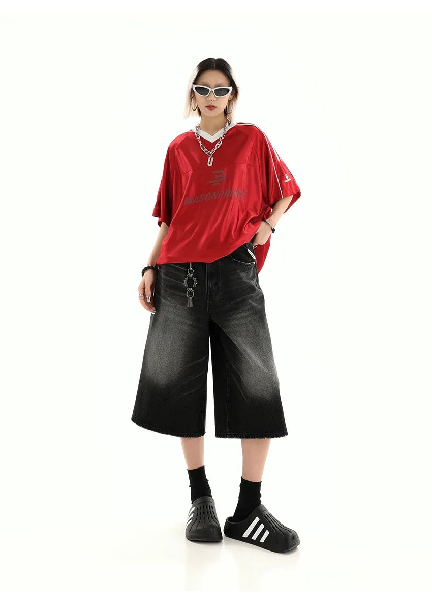 Retro Blue Knee Length Denim Shorts for Women Casual Bermuda Jeans Loose Wide Leg Pants Trendy Streetwear Summer Y2k 2025