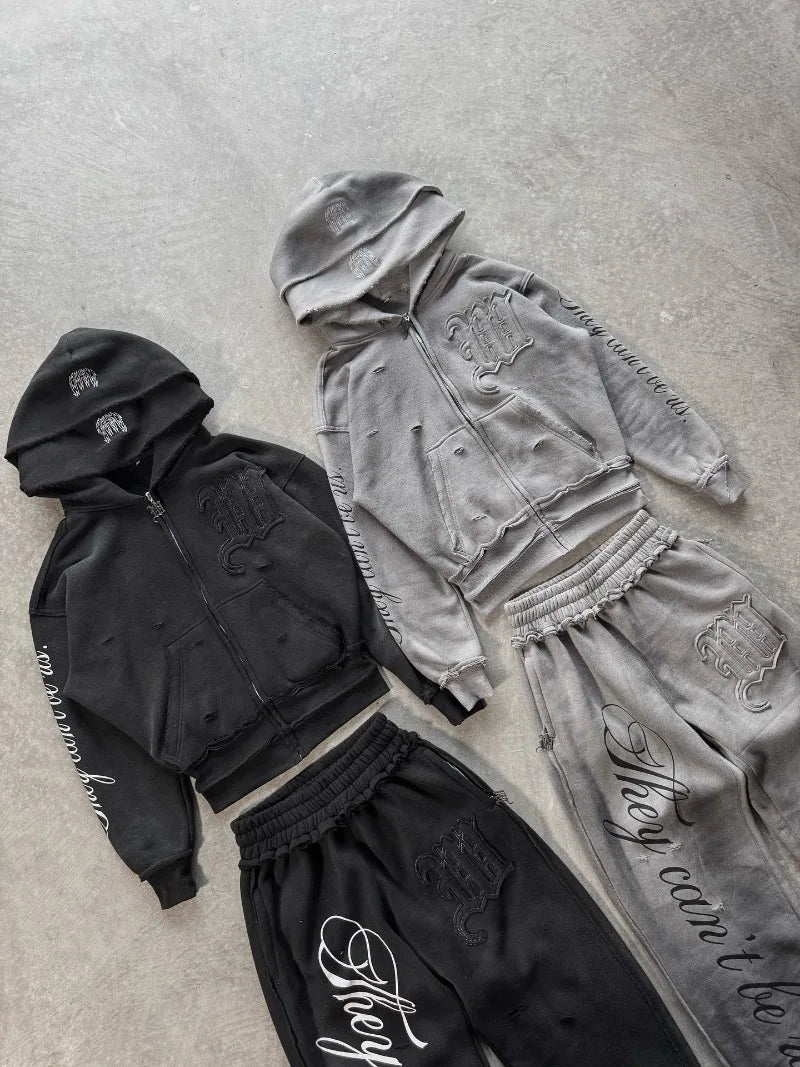 American fashion brand M letter pattern embroidered oversized hoodie men's Y2K streetwear loose Harajuku long sleeved women's