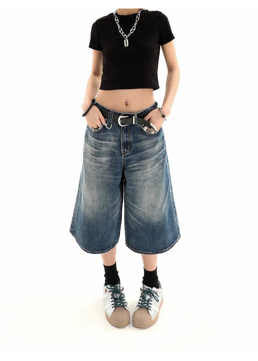 Retro Blue Knee Length Denim Shorts for Women Casual Bermuda Jeans Loose Wide Leg Pants Trendy Streetwear Summer Y2k 2025