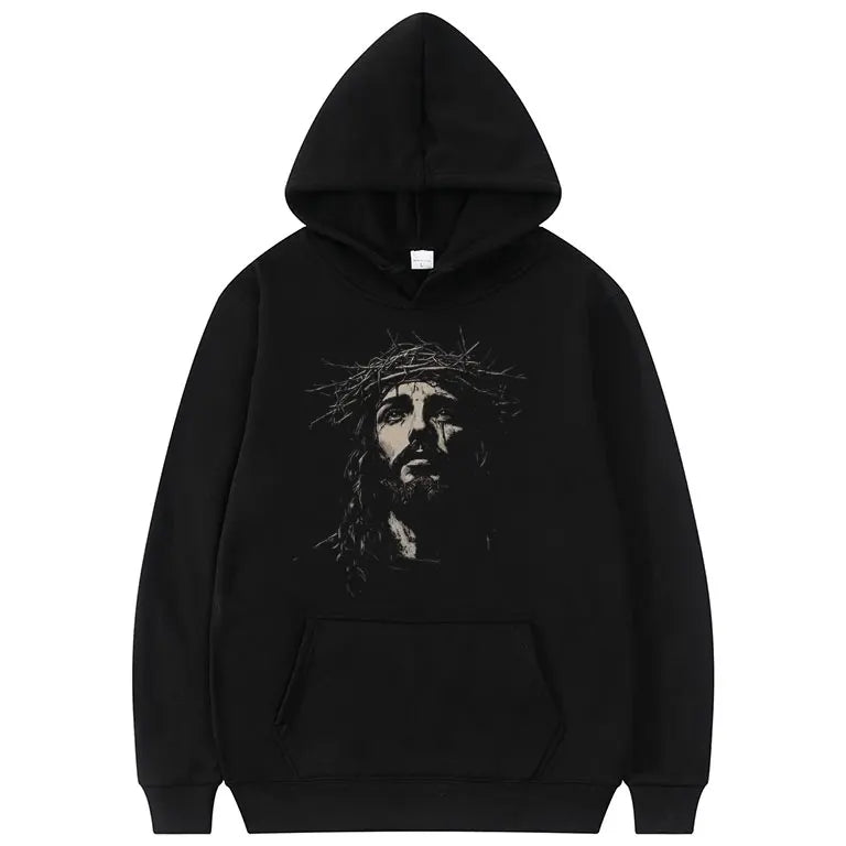 Jesus Vintage Face Graphic Hoodie Christian Religious Sweatshirt Men Women Gothic Rock Oversized Pullover Aesthetic Streetwear