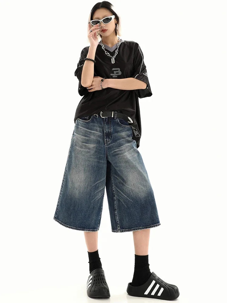 Retro Blue Knee Length Denim Shorts for Women Casual Bermuda Jeans Loose Wide Leg Pants Trendy Streetwear Summer Y2k 2025