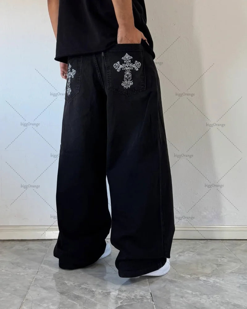 Retro Hip hop streetwear Men jeans Gothic Punk fashion Wide-leg jeans Trend skull pocket embroidered baggy high-waisted pants