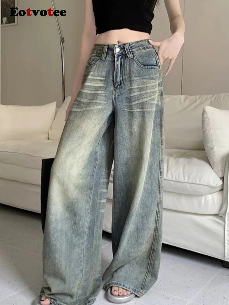 American Style Vintage Blue Wide Leg Jeans Women Y2K Fashion High Waist Baggy Washed Straight Pants 2025 New Casual Loose Jeans
