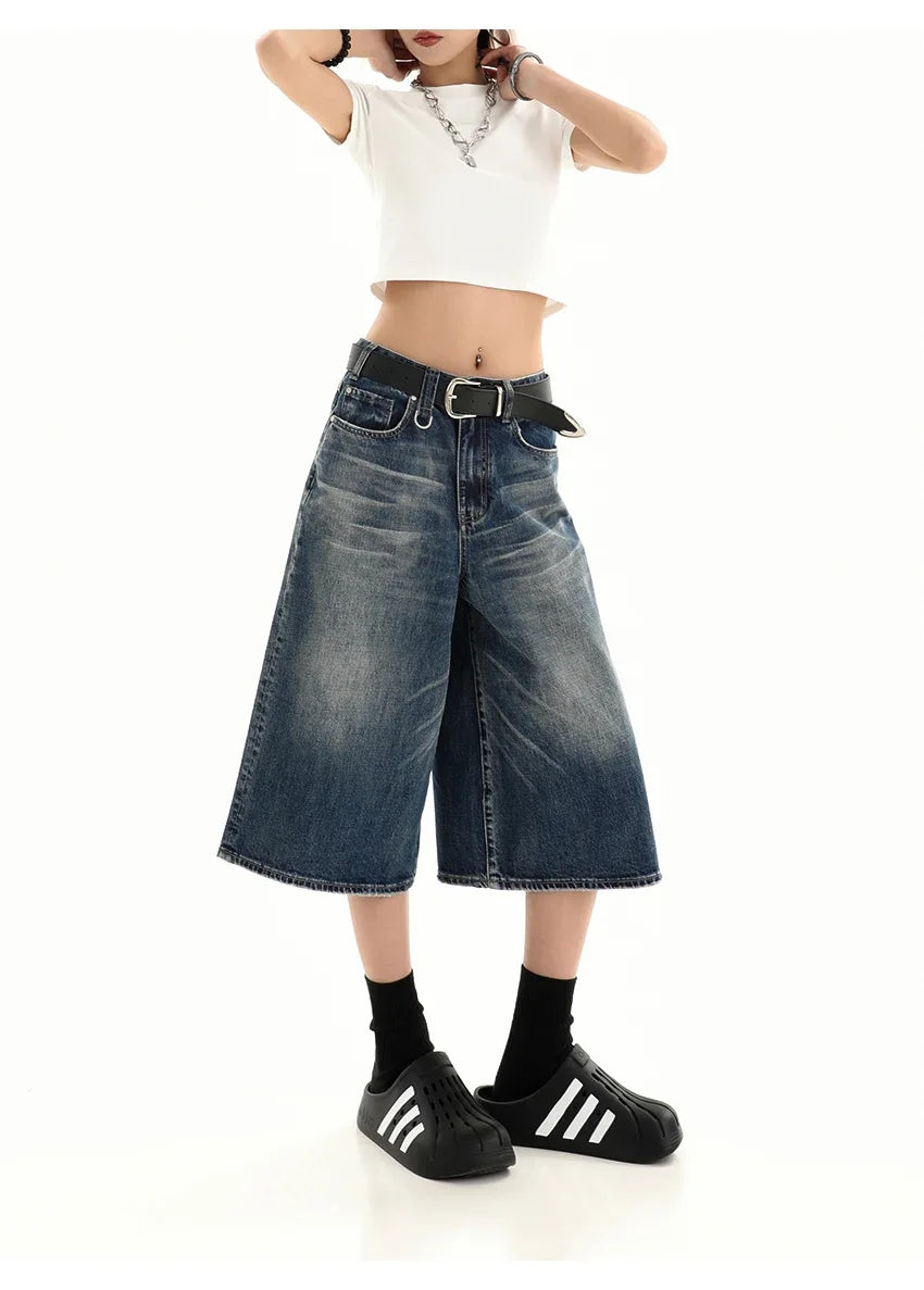 Retro Blue Knee Length Denim Shorts for Women Casual Bermuda Jeans Loose Wide Leg Pants Trendy Streetwear Summer Y2k 2025