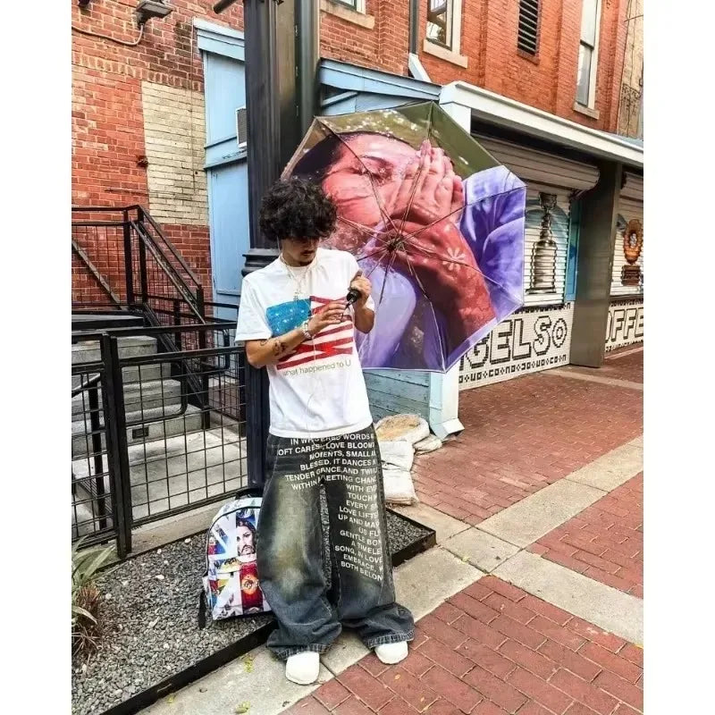 blue jeans vintage Fashion Y2K Wideleg pants Harajuku Hip Hop Streetwear Letter Printing Jeans Gothic black baggy casual pants