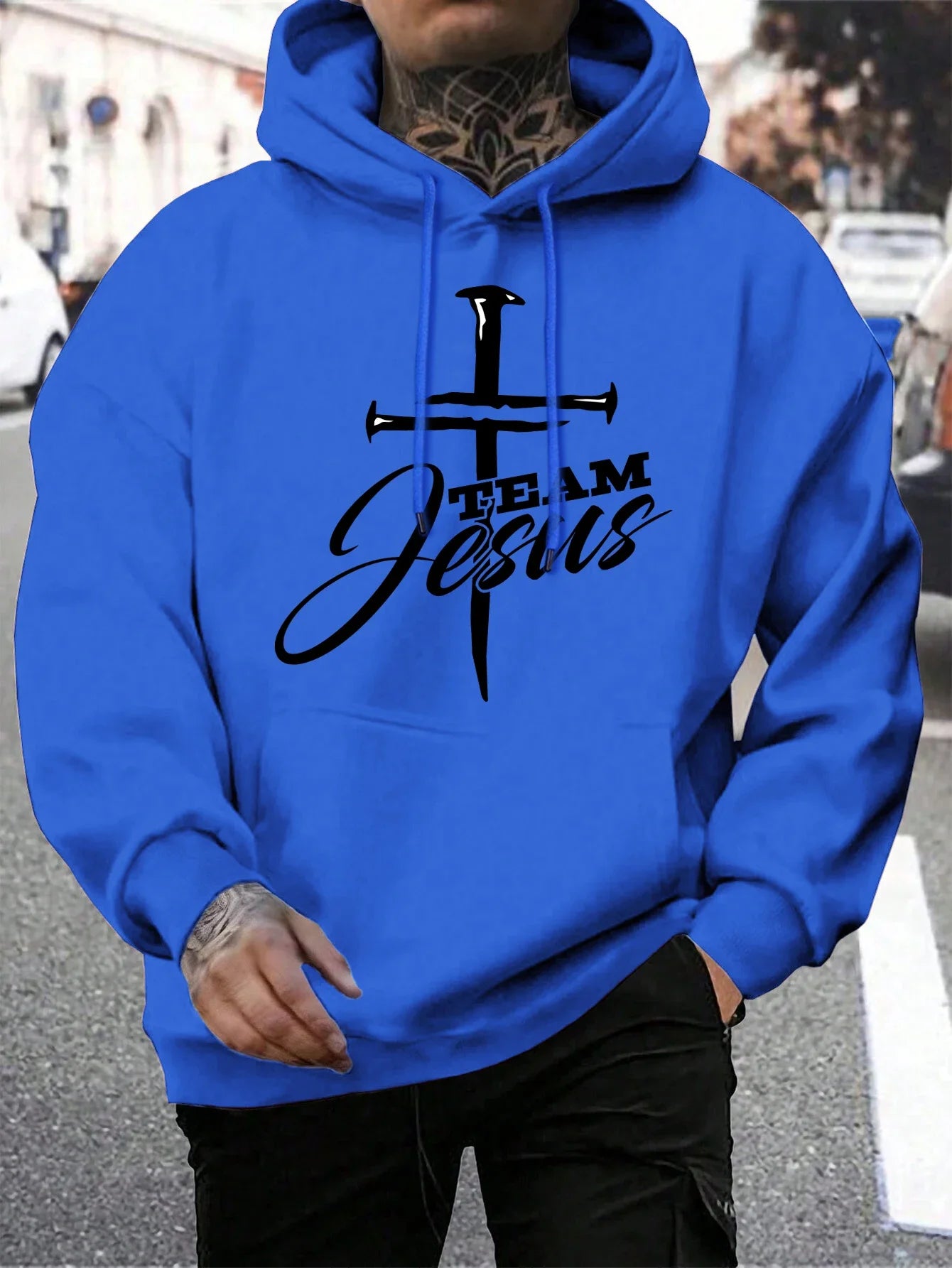 Team Jesus Letter Design Printing Men's Sweatshirt Fashion Warm Hooded Casual Pocket Hoodies Autumn Loose Streetwear