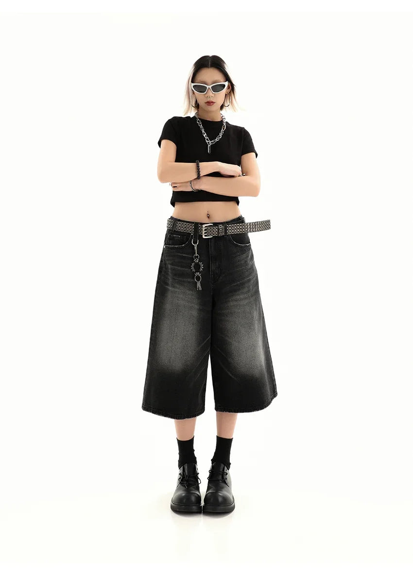 Retro Blue Knee Length Denim Shorts for Women Casual Bermuda Jeans Loose Wide Leg Pants Trendy Streetwear Summer Y2k 2025