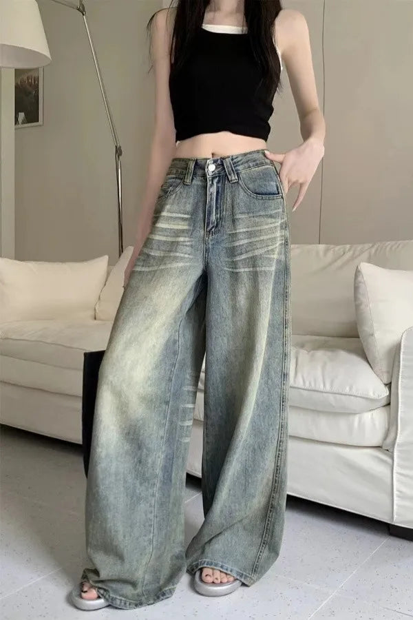 American Style Vintage Blue Wide Leg Jeans Women Y2K Fashion High Waist Baggy Washed Straight Pants 2025 New Casual Loose Jeans