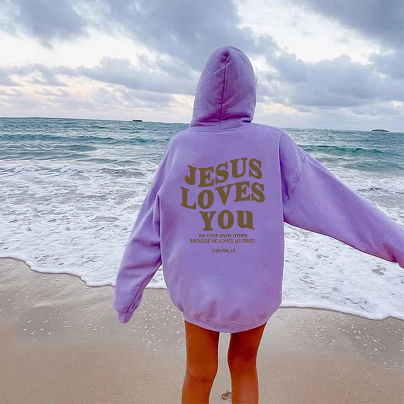 Jesus Loves You Oversized Graphic Hoodie Women Hip Hop Vintage Hooded Sweatshirts Pullover Tops For Women Trendy Aesthetic Top