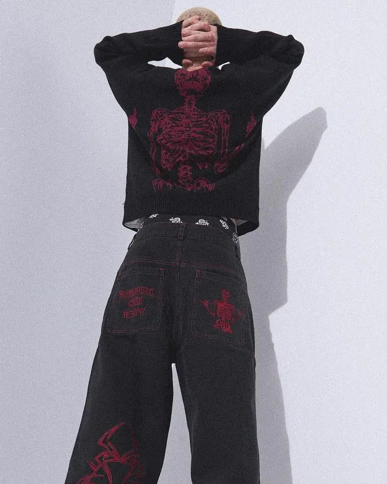 Y2K Jeans Mens Hip Hop Retro Skull Embroidery Washed Baggy Denim Pants New Straight Casual Loose Wide Leg Trouser Streetwear