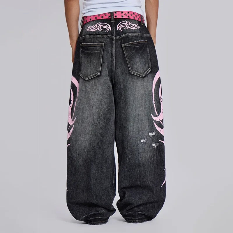Y2K Baggy jeans Retro Harajuku distressed wash ripped wide leg cropped pants high street rock hip hop printed pattern zip jeans