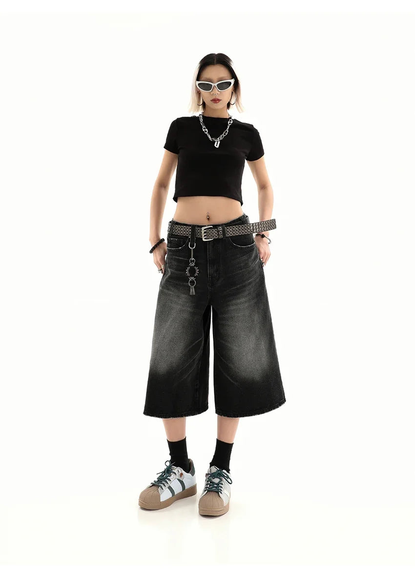 Retro Blue Knee Length Denim Shorts for Women Casual Bermuda Jeans Loose Wide Leg Pants Trendy Streetwear Summer Y2k 2025