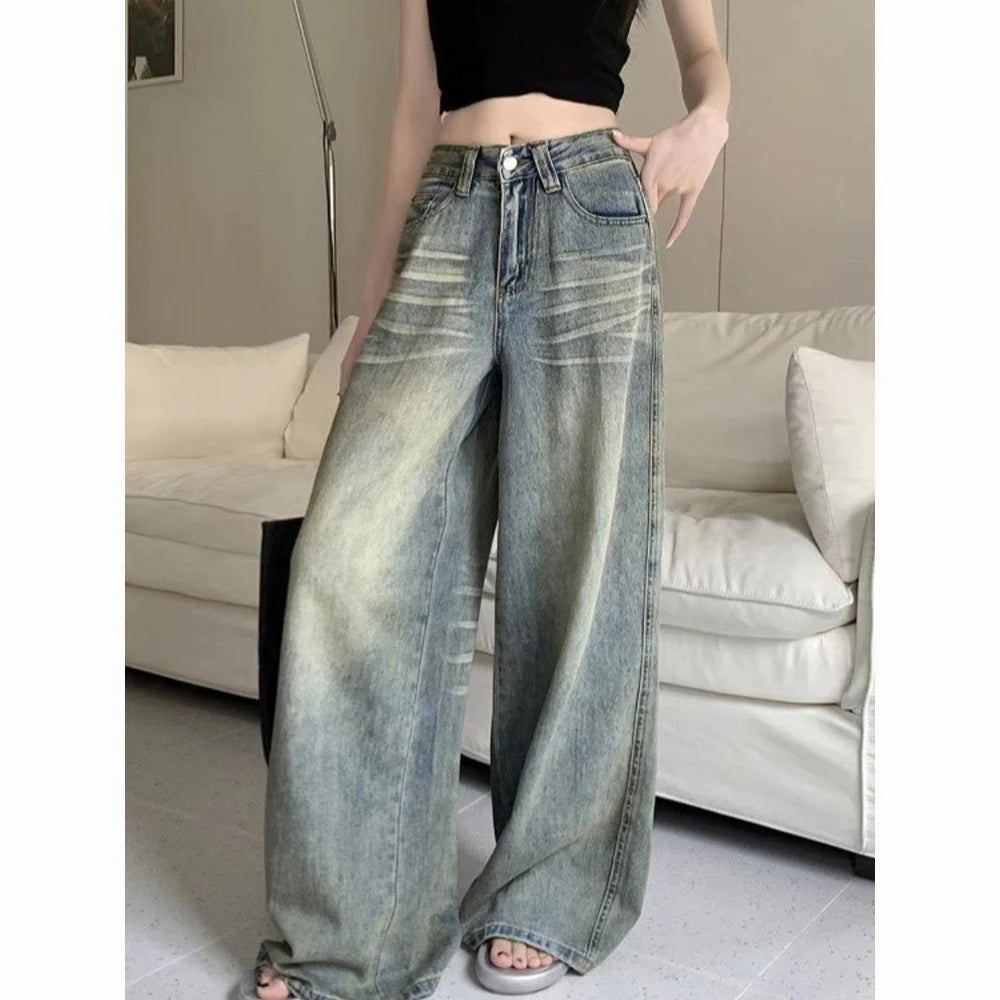 American Style Vintage Blue Wide Leg Jeans Women Y2K Fashion High Waist Baggy Washed Straight Pants 2025 New Casual Loose Jeans