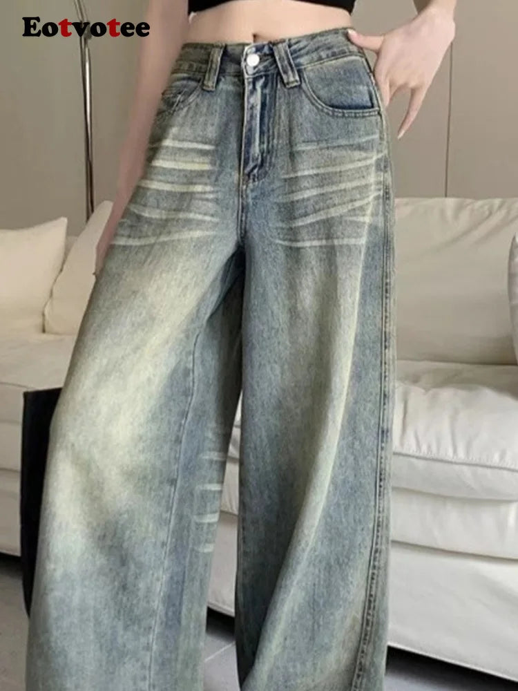 American Style Vintage Blue Wide Leg Jeans Women Y2K Fashion High Waist Baggy Washed Straight Pants 2025 New Casual Loose Jeans