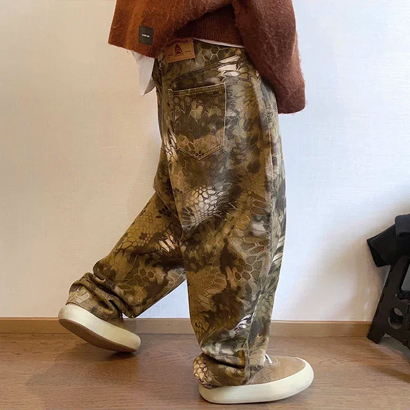 New Men Chic Snake Print Streetwear Jeans Male Designer Brand Casual Denim Pants Popular American Graphic Hip Pop Denim Trousers