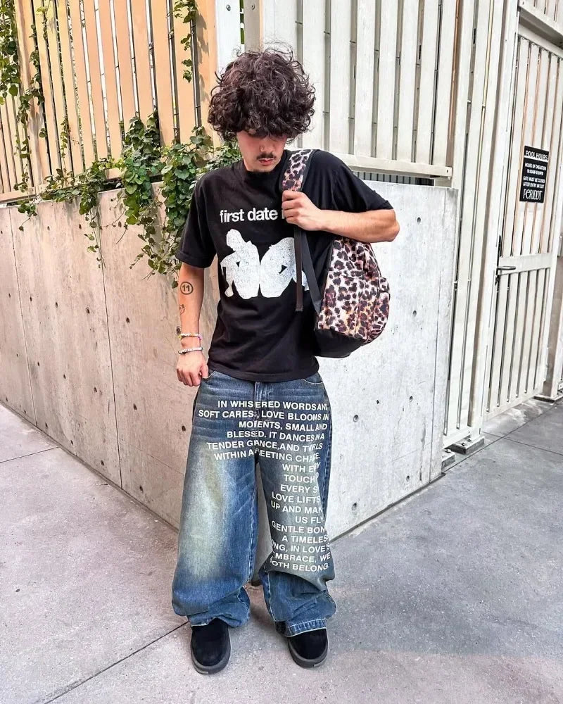 blue jeans vintage Fashion Y2K Wideleg pants Harajuku Hip Hop Streetwear Letter Printing Jeans Gothic black baggy casual pants