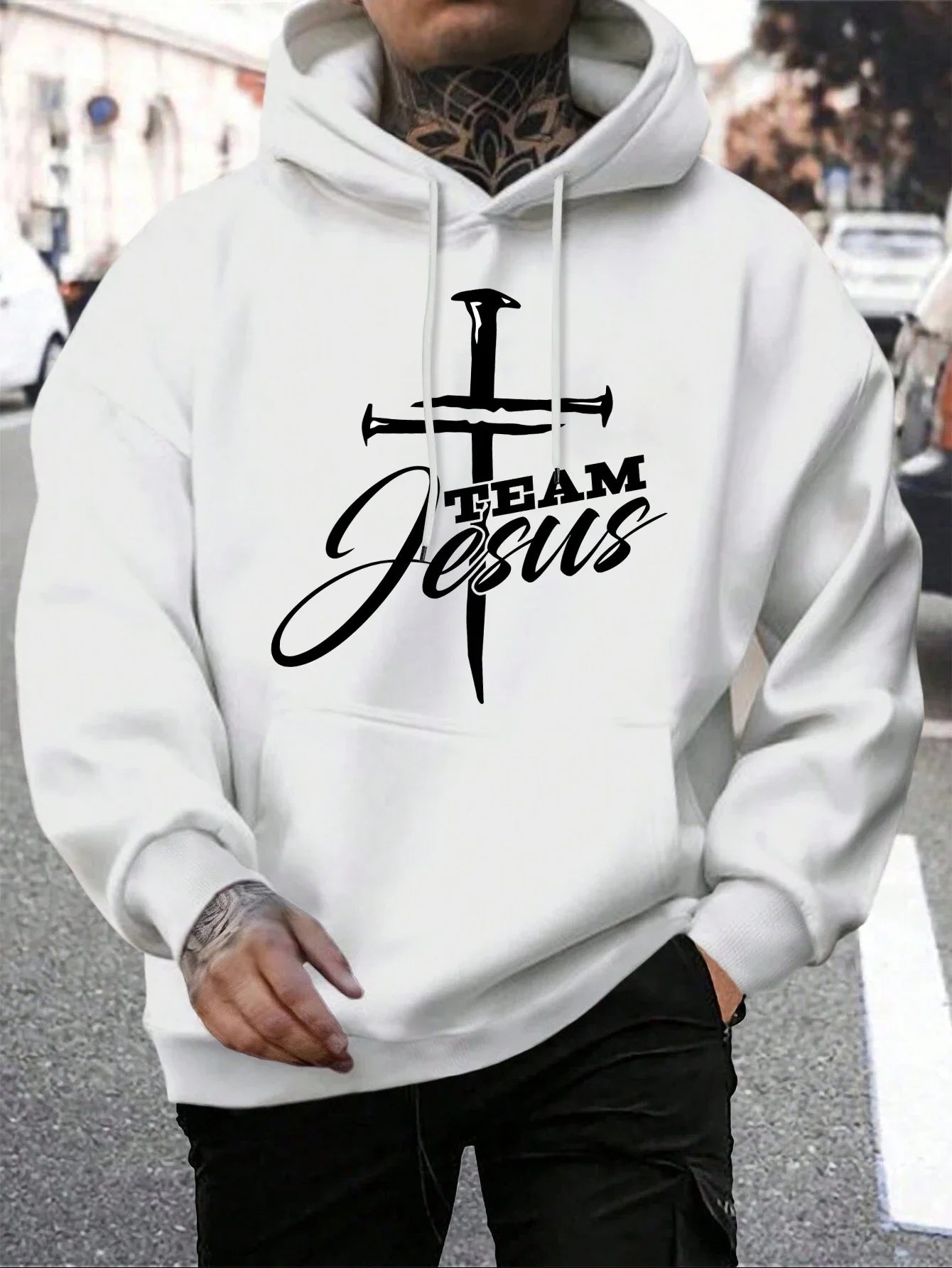 Team Jesus Letter Design Printing Men's Sweatshirt Fashion Warm Hooded Casual Pocket Hoodies Autumn Loose Streetwear