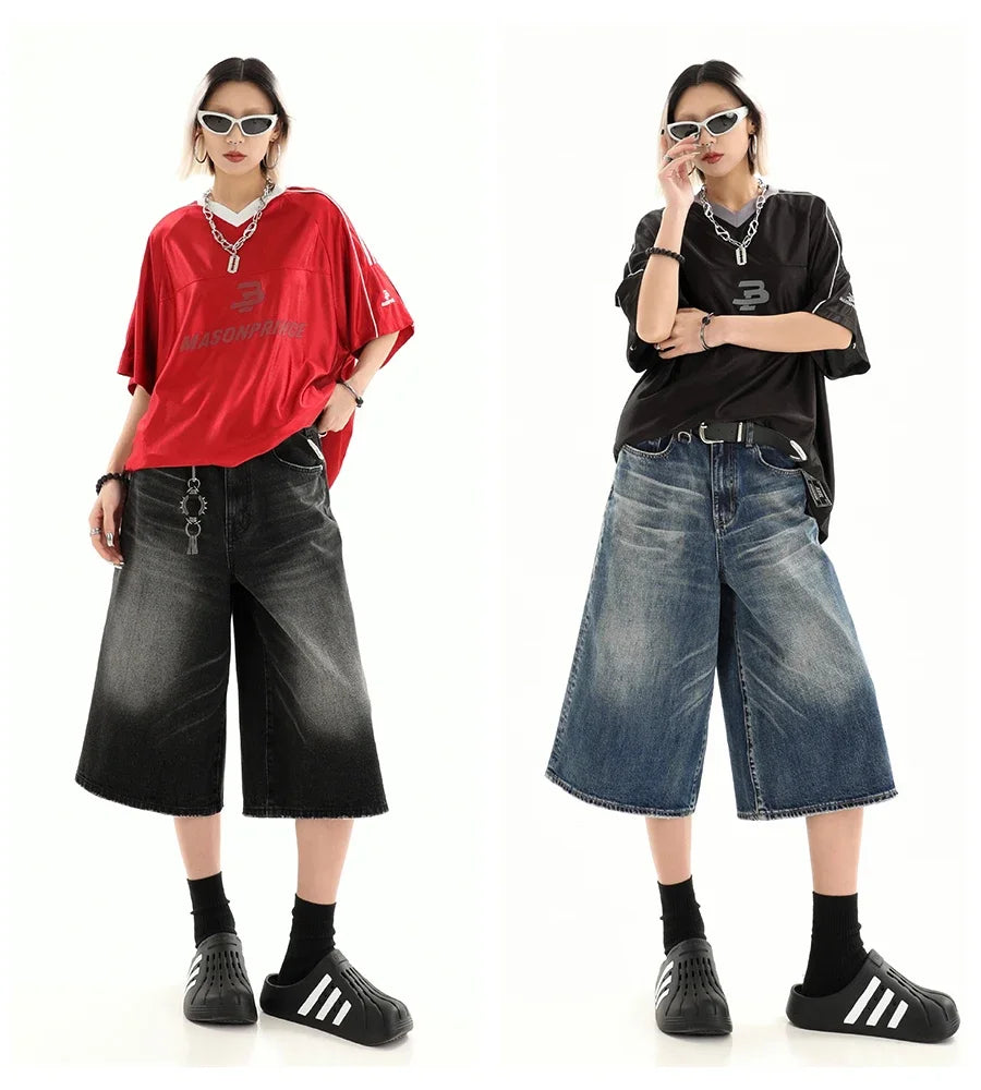 Retro Blue Knee Length Denim Shorts for Women Casual Bermuda Jeans Loose Wide Leg Pants Trendy Streetwear Summer Y2k 2025