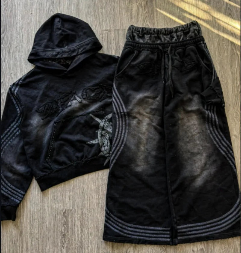 Washed Embroidered Striped Splicing Men Suit American Retro Double Waist Couple Wide Leg Pants Casual High Street Fashion Hoodie