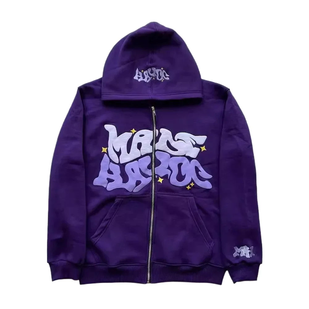 Zipper hooded sweatshirt with retro American letters and stars suitable for men and women  jacket autumn d winter cardigan