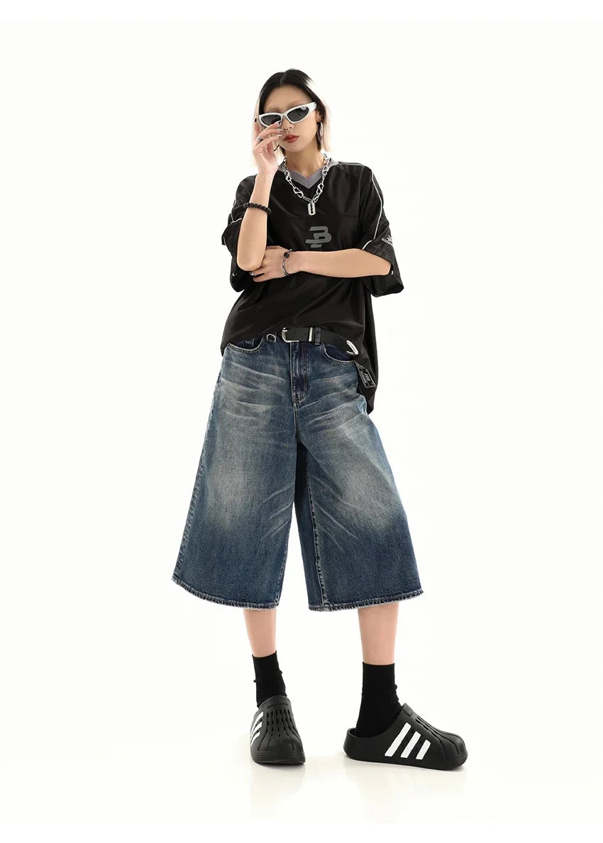 Retro Blue Knee Length Denim Shorts for Women Casual Bermuda Jeans Loose Wide Leg Pants Trendy Streetwear Summer Y2k 2025