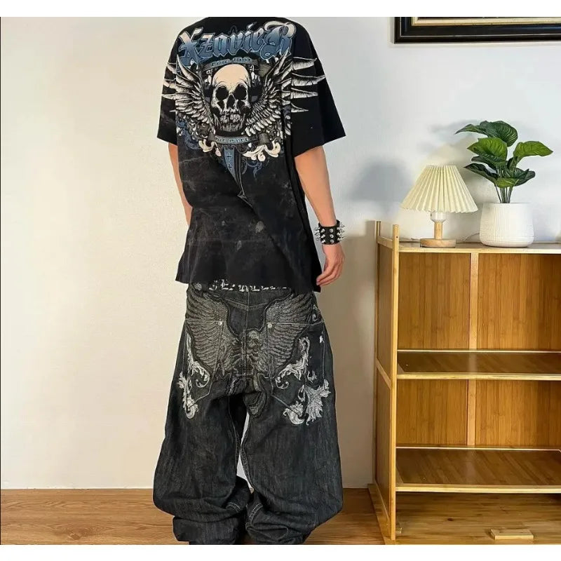 Harajuku Y2K crown graphic pocket embroidery high quality oversized jeans for women high street slim sexy casual straight pants