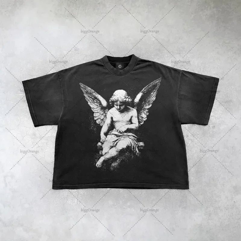 New Gothic  Streetwear Harajuku Retro Graphic Top Y2K Punk Anime Print Oversized T-Shirt Men Fashion Cotton Casual Short Sleeve