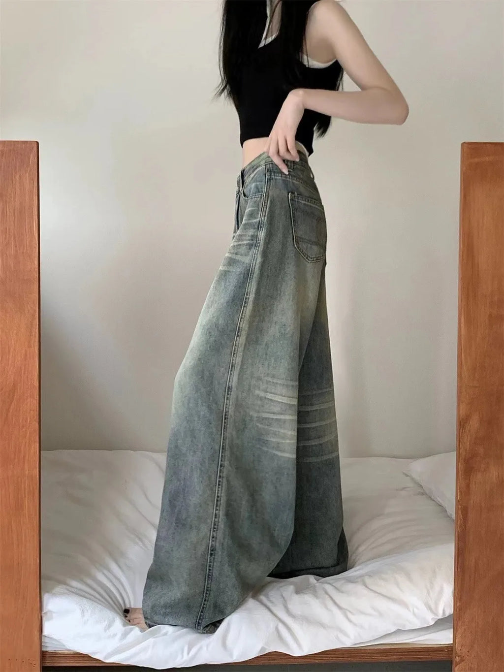 American Style Vintage Blue Wide Leg Jeans Women Y2K Fashion High Waist Baggy Washed Straight Pants 2025 New Casual Loose Jeans