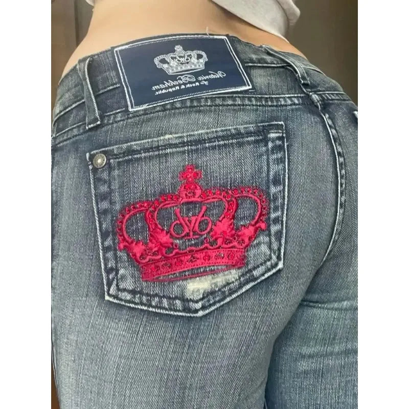 Harajuku Y2K crown graphic pocket embroidery high quality oversized jeans for women high street slim sexy casual straight pants