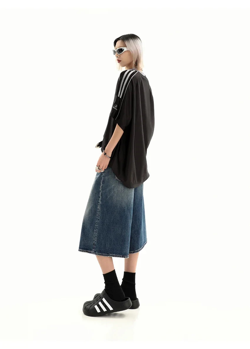 Retro Blue Knee Length Denim Shorts for Women Casual Bermuda Jeans Loose Wide Leg Pants Trendy Streetwear Summer Y2k 2025