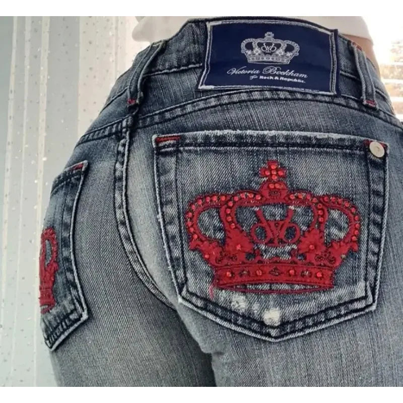Harajuku Y2K crown graphic pocket embroidery high quality oversized jeans for women high street slim sexy casual straight pants