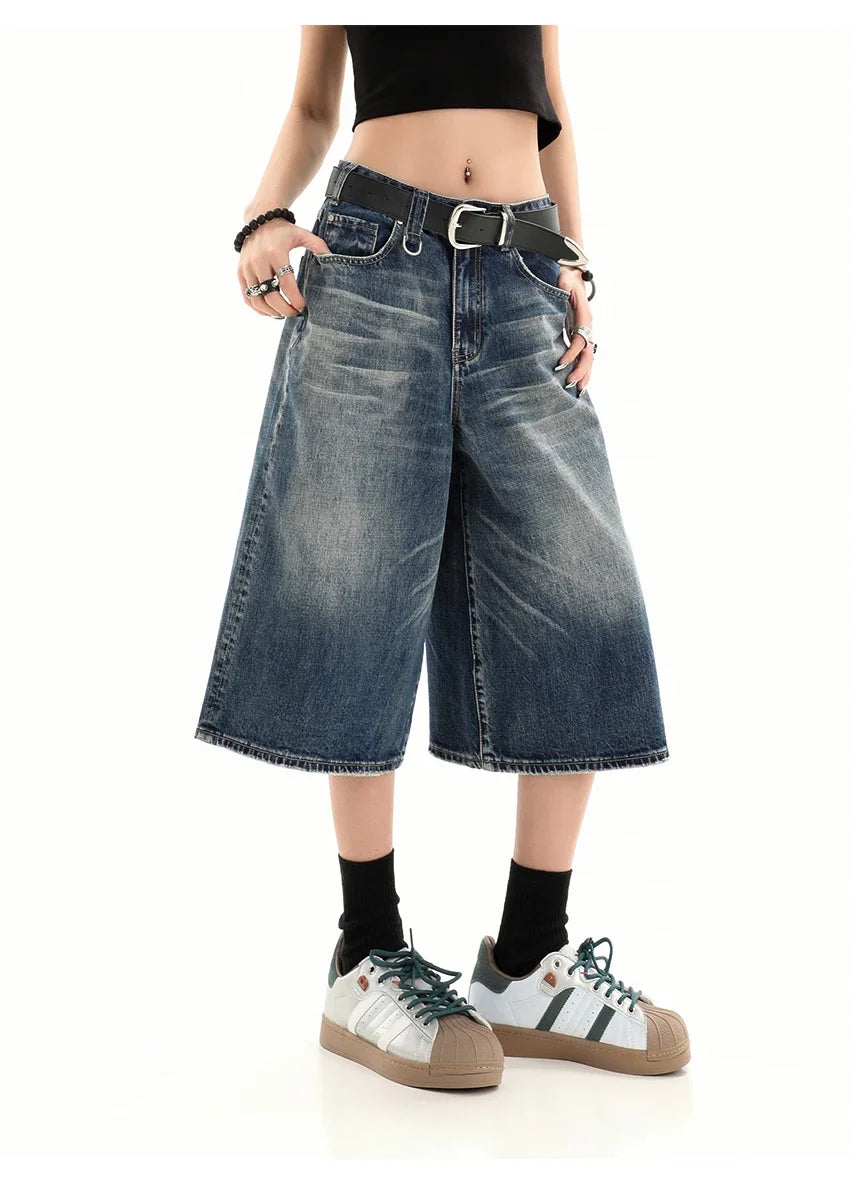 Retro Blue Knee Length Denim Shorts for Women Casual Bermuda Jeans Loose Wide Leg Pants Trendy Streetwear Summer Y2k 2025