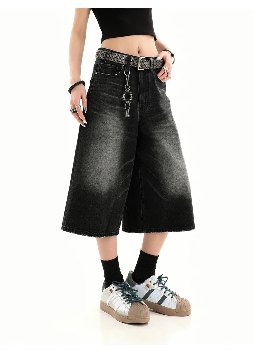 Retro Blue Knee Length Denim Shorts for Women Casual Bermuda Jeans Loose Wide Leg Pants Trendy Streetwear Summer Y2k 2025