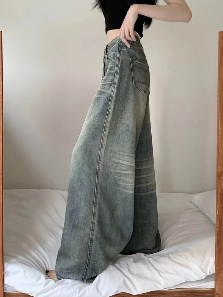 American Style Vintage Blue Wide Leg Jeans Women Y2K Fashion High Waist Baggy Washed Straight Pants 2025 New Casual Loose Jeans